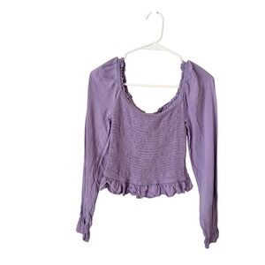 Revamped Purple Smocked Long Sleeve Crop Top Square Neck Ruffle Hem Small